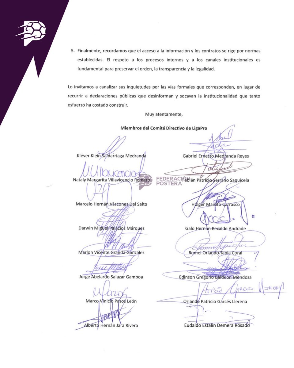 Federación Postera (@fedepostera) on Twitter photo ÚLTIMA HORA ⚠️
El Directorio de LigaPro emite una carta hacia Pablo Ortiz, Presidente de <a href="/UCatolicaEC/">U. Católica Ecuador</a>, en donde rechaza sus declaraciones en varios medios contra el organismo. Además, lo invitan a canalizar las inquietudes por los canales formales y no a través de medios. ÚLTIMA HORA ⚠️
El Directorio de LigaPro emite una carta hacia Pablo Ortiz, Presidente de <a href="/UCatolicaEC/">U. Católica Ecuador</a>, en donde rechaza sus declaraciones en varios medios contra el organismo. Además, lo invitan a canalizar las inquietudes por los canales formales y no a través de medios.
