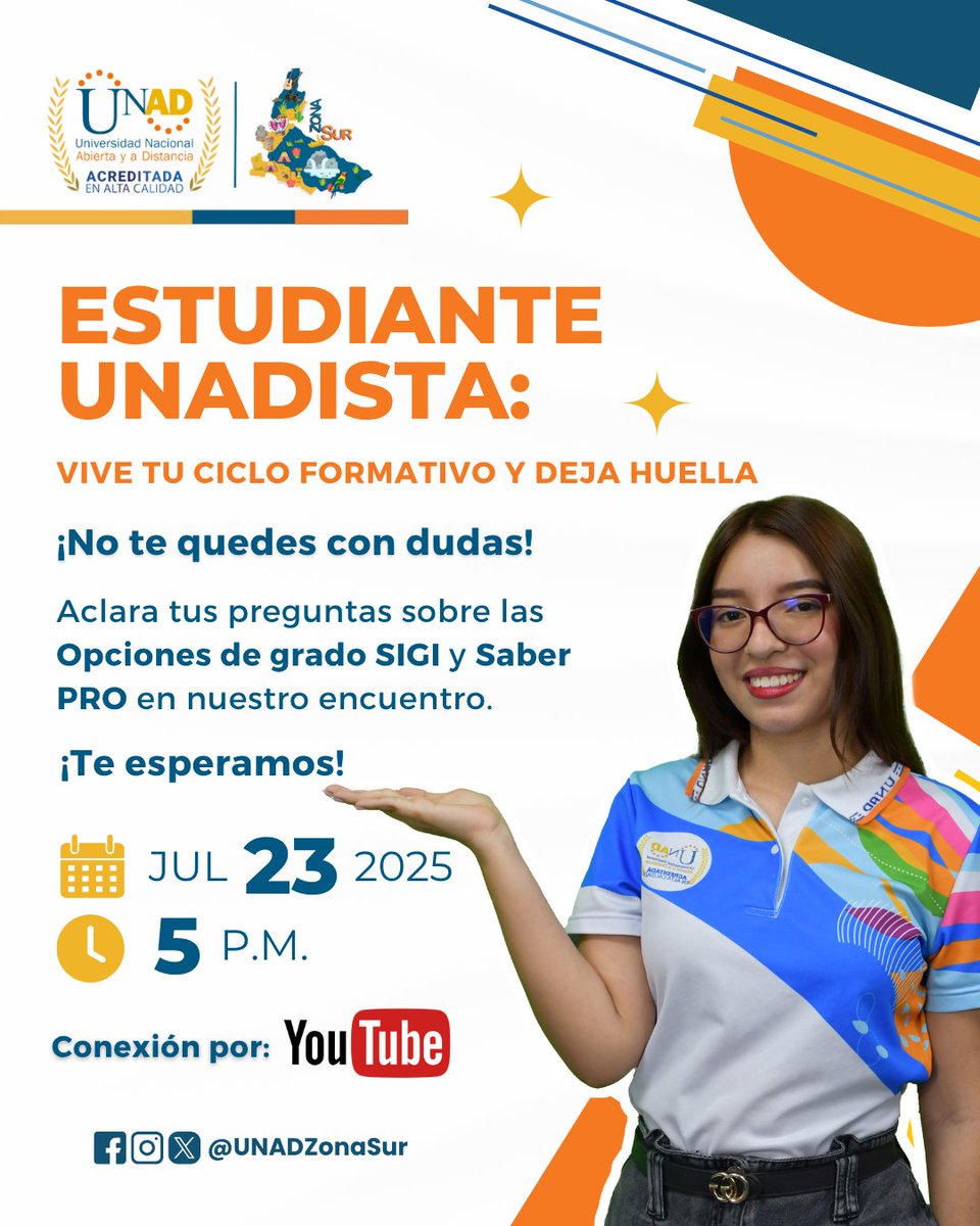 Prepárate para las Pruebas Saber Pro y conoce tus opciones de grado.📅 23 de julio | 🕔 5:00 p.m.
🔗youtube.com/live/_jrVvHVPp…                                                     ¡Una guía clave para tu cierre académico y futuro profesional! 🌱Preguntar a ChatGPT