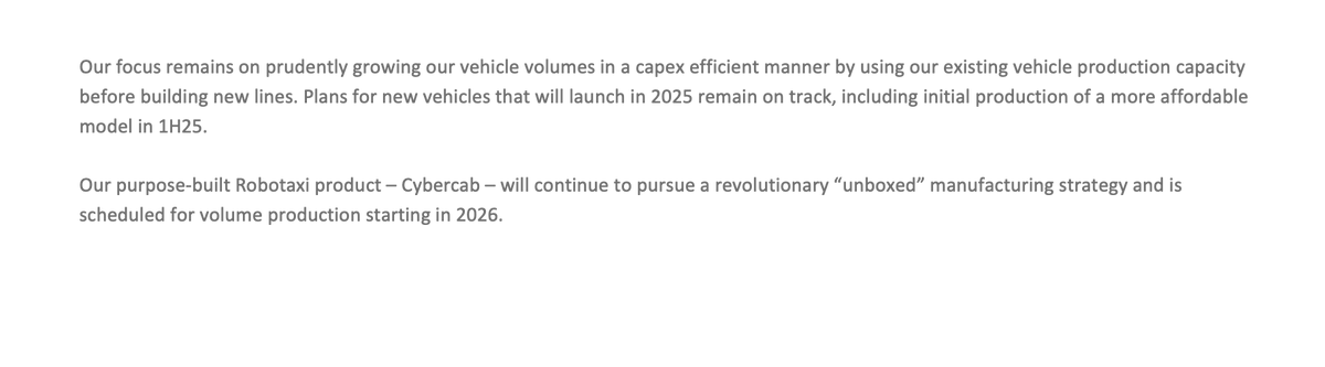 SawyerMerritt's tweet photo. NEWS: Tesla says "we continue to expand our vehicle offering, including first builds of a more affordable model in June, with volume production planned for the second half of 2025. Additionally, we continued development of Semi and Cybercab, both slated for volume production in 2026."