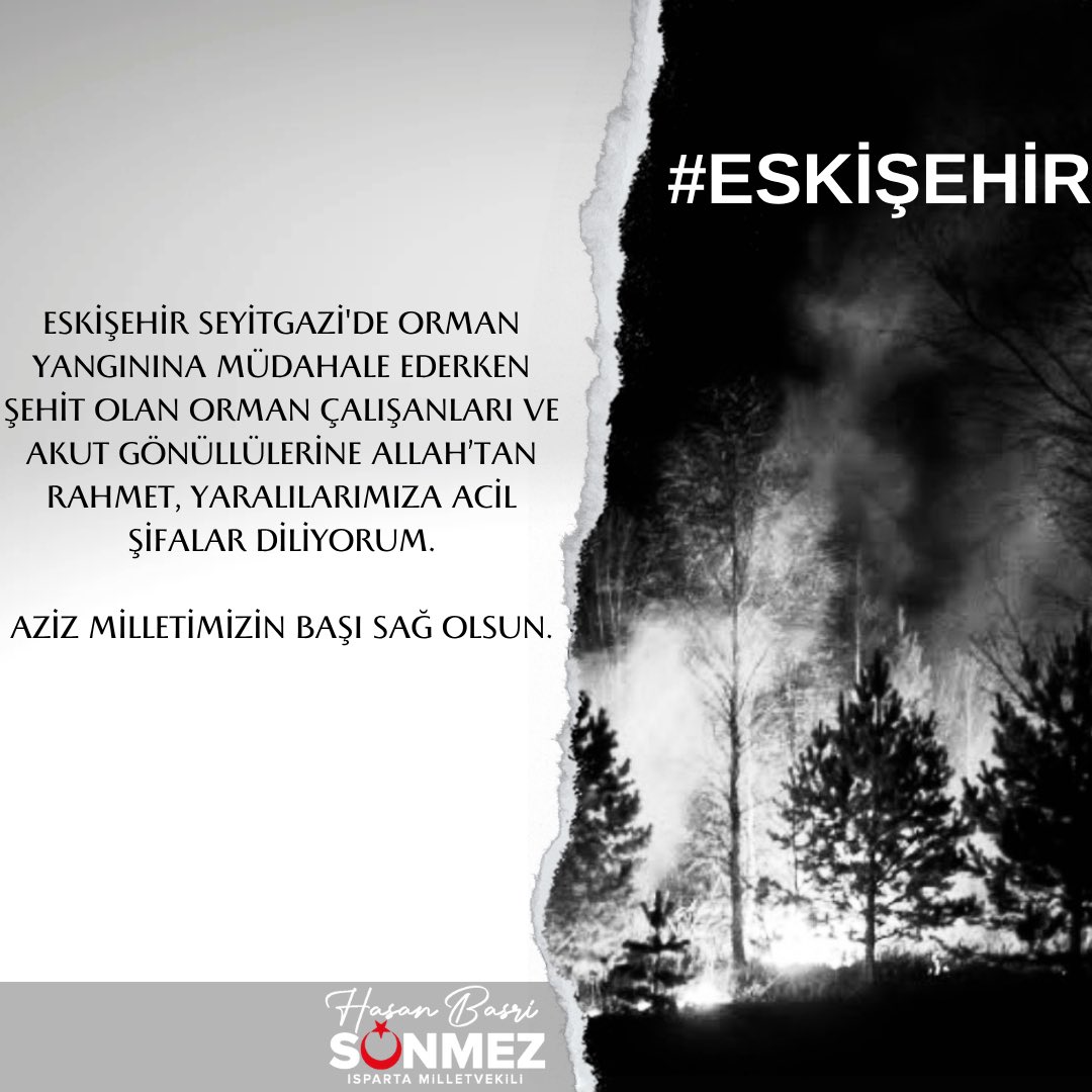 #Eskişehir Seyitgazi'de orman yangınına müdahale ederken şehit olan orman çalışanları ve Akut gönüllülerine Allah’tan rahmet, yaralılarımıza acil şifalar diliyorum.

Aziz milletimizin başı sağ olsun.