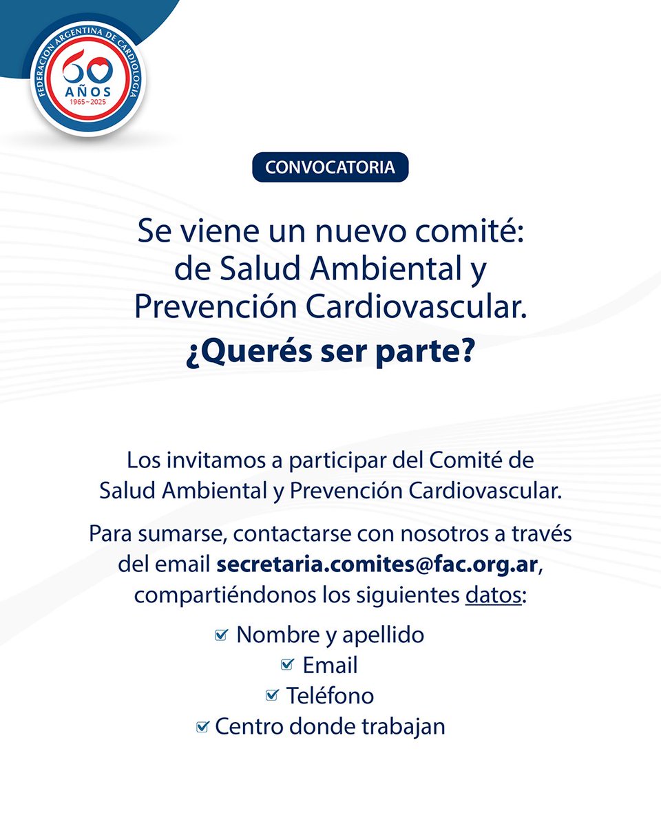 FAC (@comunidadfac) on Twitter photo 🔊 ¡Nuevo comité en la FAC!
📣 Salud Ambiental y Prevención Cardiovascular
Sumate a este espacio interdisciplinario con foco en el impacto ambiental en la salud del corazón.
📧 secretaria.comites@fac.org.ar
#FAC #SaludAmbiental #Cardiología #ComitésFAC 🔊 ¡Nuevo comité en la FAC!
📣 Salud Ambiental y Prevención Cardiovascular
Sumate a este espacio interdisciplinario con foco en el impacto ambiental en la salud del corazón.
📧 secretaria.comites@fac.org.ar
#FAC #SaludAmbiental #Cardiología #ComitésFAC