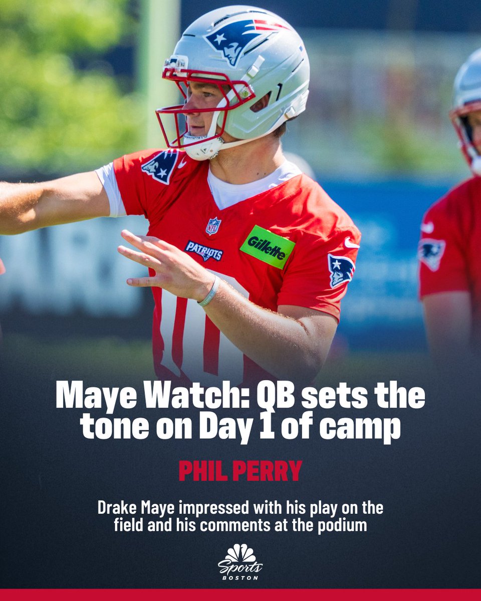 NBCSBoston's tweet image. Drake Maye set the tone in more ways than one on Day 1 of Patriots training camp ๐ค
@PhilAPerry on the strides he saw from the second-year QB in Foxboro ๐ trib.al/IuIvNy9