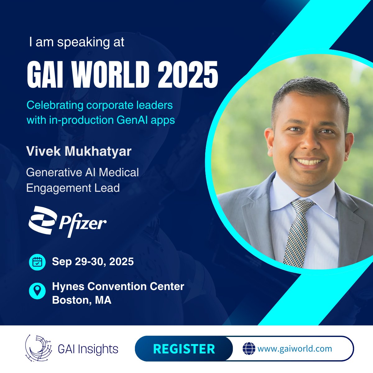 GaIinsights's tweet image. We’re excited to announce Vivek Mukhatyar, Generative AI Medical Engagement Lead at Pfizer, as a speaker at GAI World 2025.
Vivek sits at the critical intersection of generative AI and healthcare—applying large language models to elevate medical engagement, scientific…