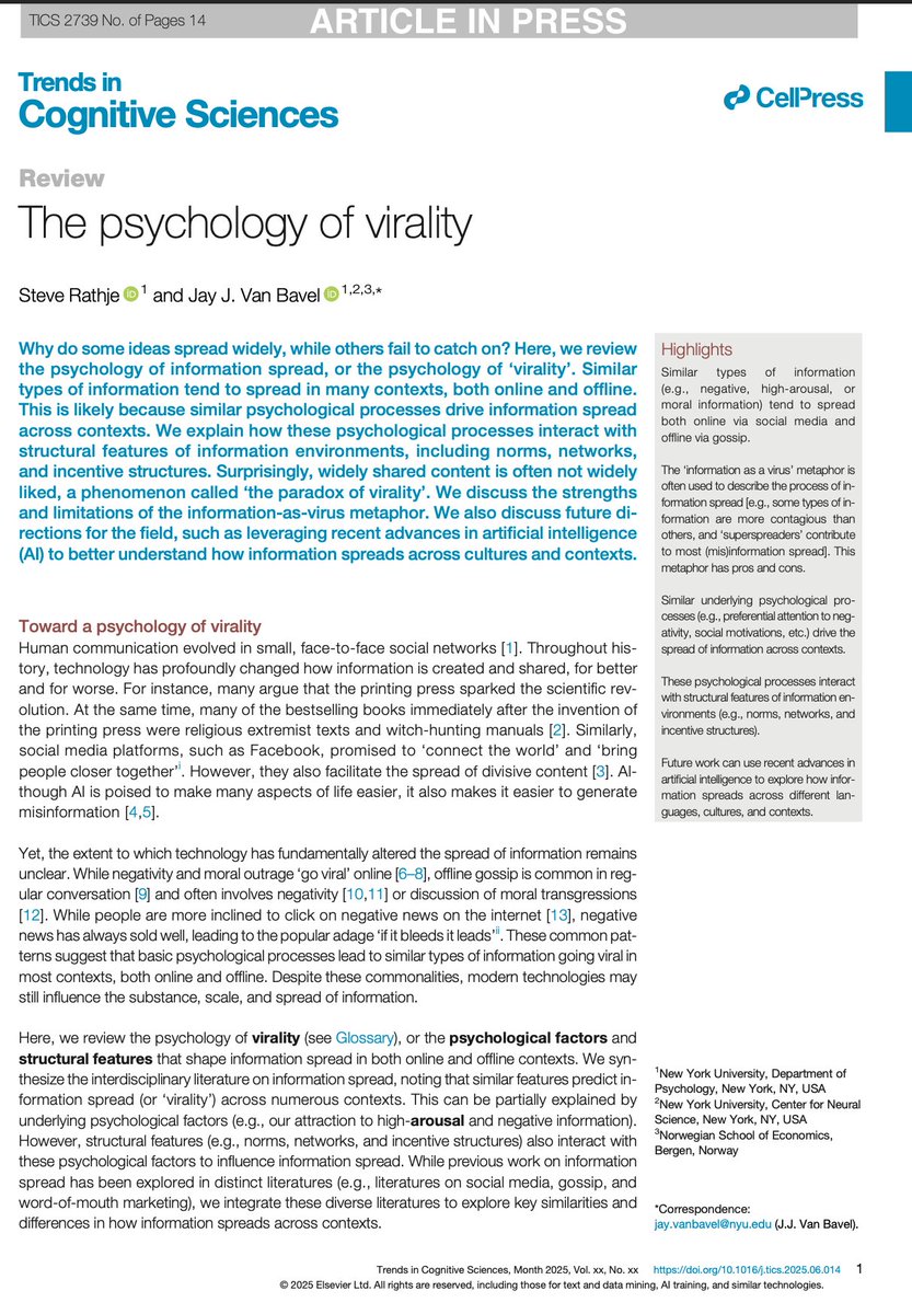 jayvanbavel's tweet image. I have a new paper on "The Psychology of Virality" with @steverathje2 in @TrendsCognSci
Similar psychological processes (eg preferential attention to negativity, social motives, etc.) drive the spread of information across online and offline: sciencedirect.com/science/articl…