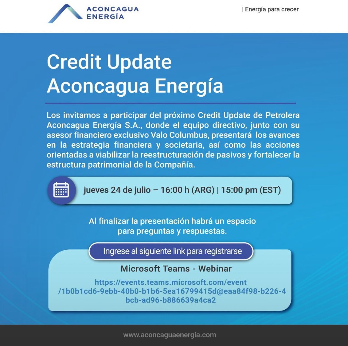 ferpvillar's tweet image. Se viene la 2da propuesta de canje:
Credit Update Aconcagua Energía
Los invitamos a participar del próximo Credit Update de Petrolera Aconcagua Energía S.A., donde el equipo directivo, junto con su asesor financiero exclusivo ValoComumbus, presentará los avances en la…