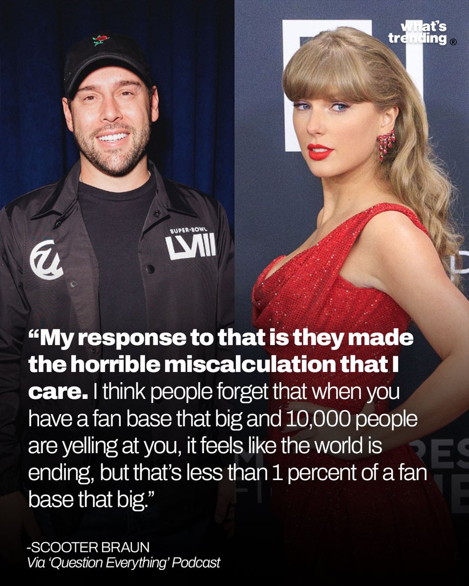WhatsTrending's tweet image. Scooter Braun on Question Everything podcast: “Swifties made the horrible miscalculation that I care.”
He says the backlash over Taylor’s masters sale feels loud but comes from a tiny fraction of fans—and urges people to focus on kindness over “celebrity fodder.”