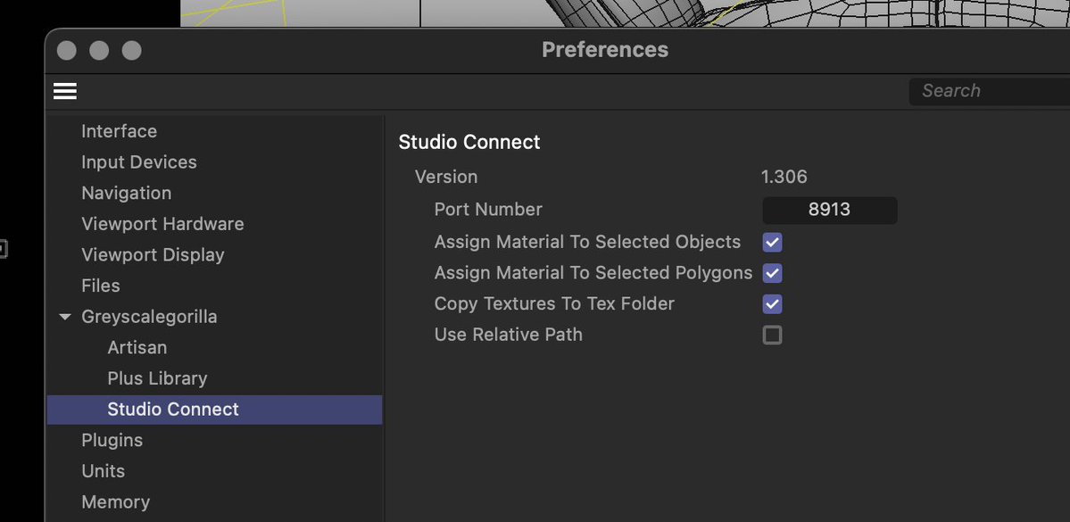 cgpov's tweet image. Just realized not a lot of people know you can send materials directly to an object or poly selection from the Studio app. I use it constantly when I’m moving fast. Super handy. You can find these settings in C4D Prefs>Greyscalegorilla>Studio Connect ✌️