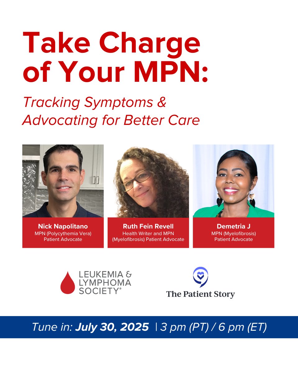 LLSusa's tweet image. Living with a myeloproliferative neoplasm (MPN)? This @Patient_Story discussion, led by patients, is all about tracking symptoms, advocating for better care, and finding support along the way. Secure your spot 👉 bit.ly/4lIbB4j