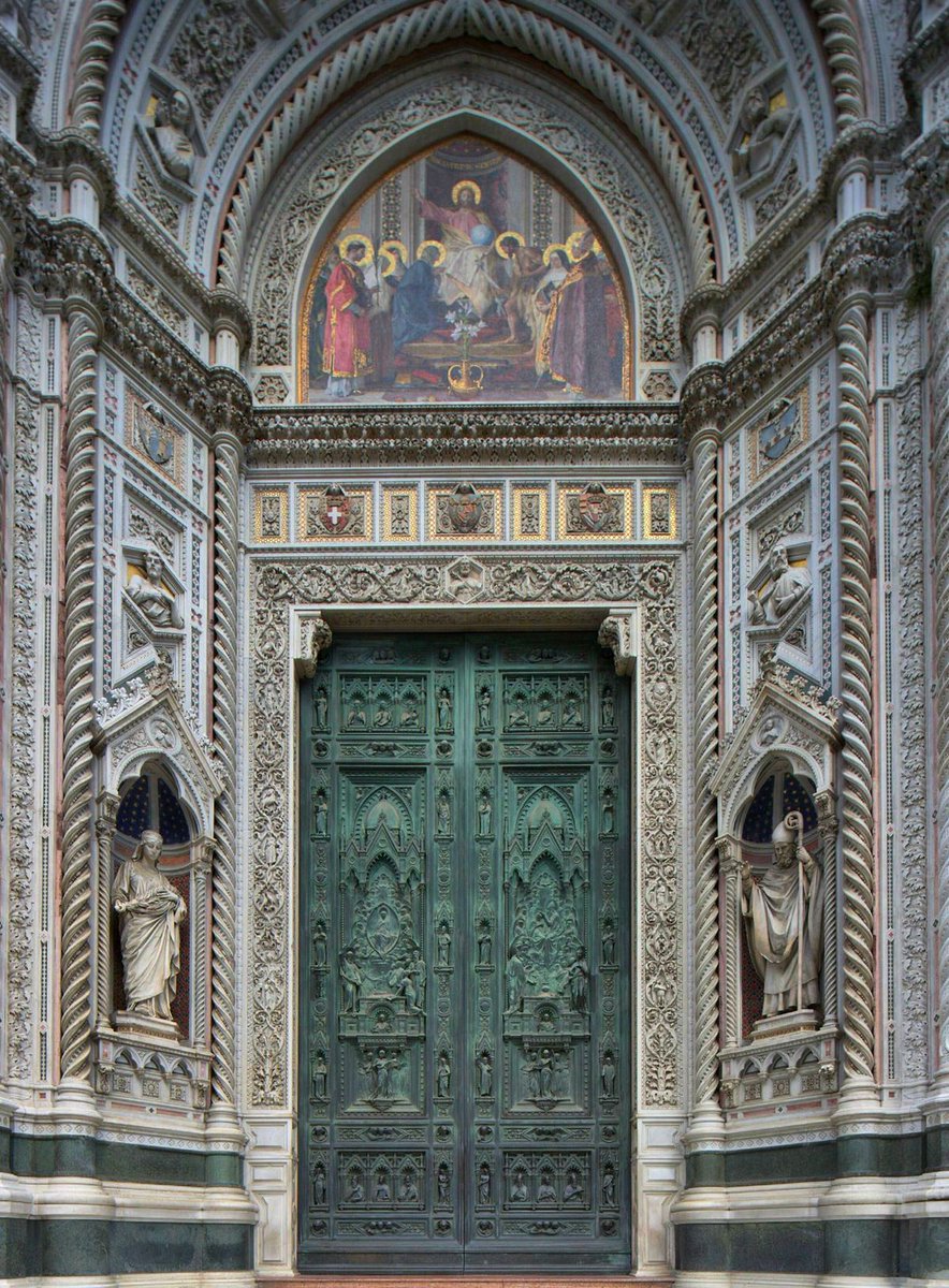 GothicChurches's tweet image. Looking east at the main portal of Florence’s Duomo - the Emilio De Fabris façade, completed in 1887.
Bronze doors added in 1903 finish the vision in Neo-Gothic style, echoing the grandeur of the earlier baptistery gates nearby.