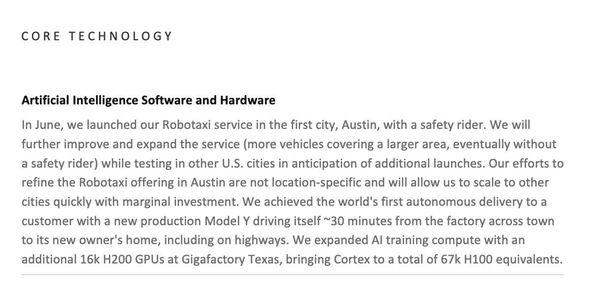 SawyerMerritt's tweet photo. Tesla on their Robtaxi service: "We will further improve and expand the service (more vehicles covering a larger area, eventually without a safety rider) while testing in other U.S. cities in anticipation of additional launches. Our efforts to refine the Robotaxi offering in Austin are not location-specific and will allow us to scale to other cities quickly with marginal investment. We achieved the world's first autonomous delivery to a customer with a new production Model Y driving itself ~30 minutes from the factory across town to its new owner's home, including on highways."