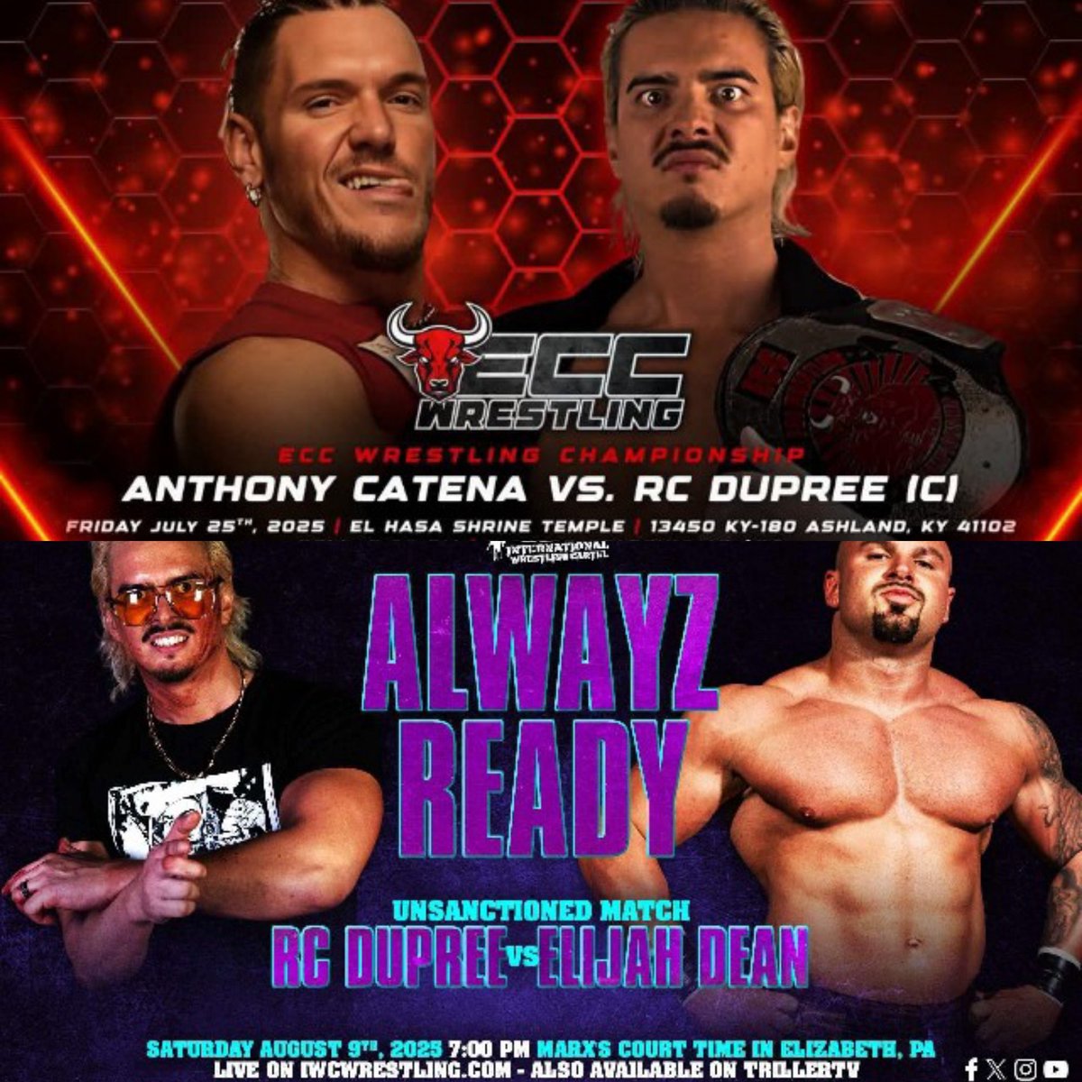 The Eccentric Artist (@thercdupree) on Twitter photo This Friday kicks off a two-match showcase when I defend my ECC World Championship in an undeserved rematch against <a href="/PackArenaCatena/">πππππππ ππππππ</a> in Ashland, Kentucky.
Then, Saturday, August 9th at <a href="/IWCwrestling/">IWC Wrestling</a> in Elizabeth, PA, I finally put the nail in the coffin of <a href="/The_Mandimee/">Elijah Dean</a> This Friday kicks off a two-match showcase when I defend my ECC World Championship in an undeserved rematch against <a href="/PackArenaCatena/">πππππππ ππππππ</a> in Ashland, Kentucky.
Then, Saturday, August 9th at <a href="/IWCwrestling/">IWC Wrestling</a> in Elizabeth, PA, I finally put the nail in the coffin of <a href="/The_Mandimee/">Elijah Dean</a>