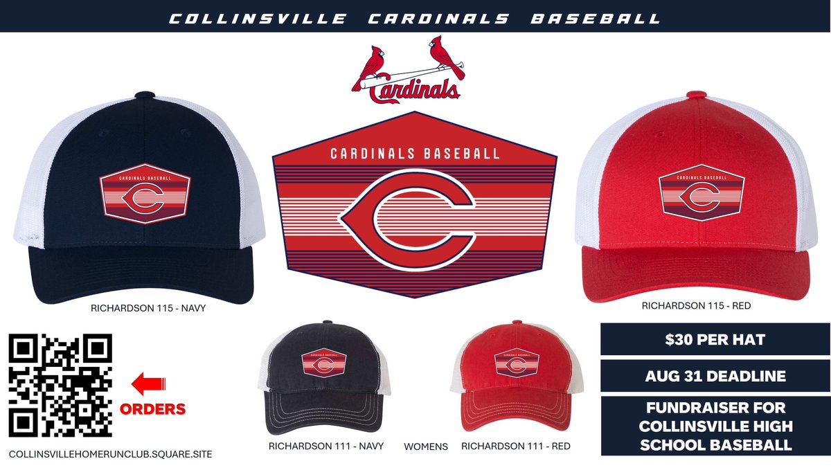 CVilleCardsBall's tweet image. FUNDRAISER ALERT!!
Get your official Cardinal Baseball trucker hat ASAP!!
@cvillecards @cvilleathletes @CollinsvilleMed @cvilleokschools