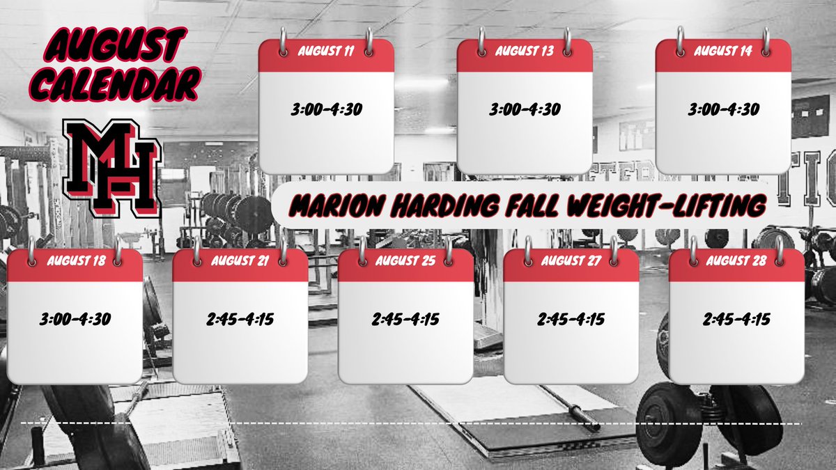 I am excited to announce the weight-room dates/times for August! ANY Marion Harding High School student looking for a gym to workout in can attend! As the Fall Weight-Room Supervisor, as well as a Certified Personal Trainer, I am excited to bring this experience to our students!