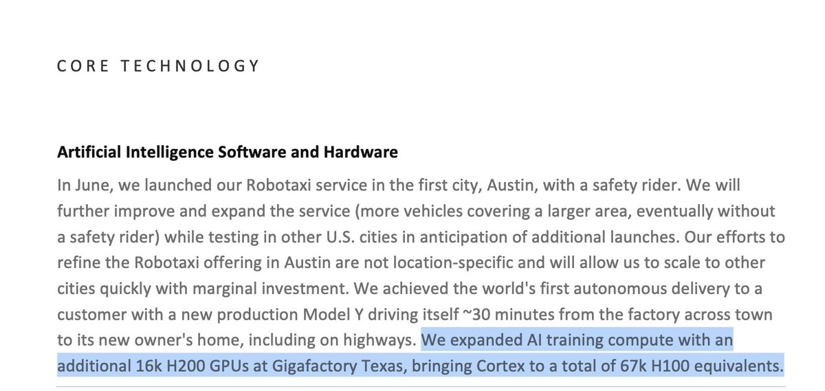 SawyerMerritt's tweet photo. NEWS: Tesla says they expanded AI training compute with an additional 16,000 H200 GPUs at Gigafactory Texas, bringing Cortex to a total of 67,000 H100 equivalents. https://t.co/050vc0GdGl