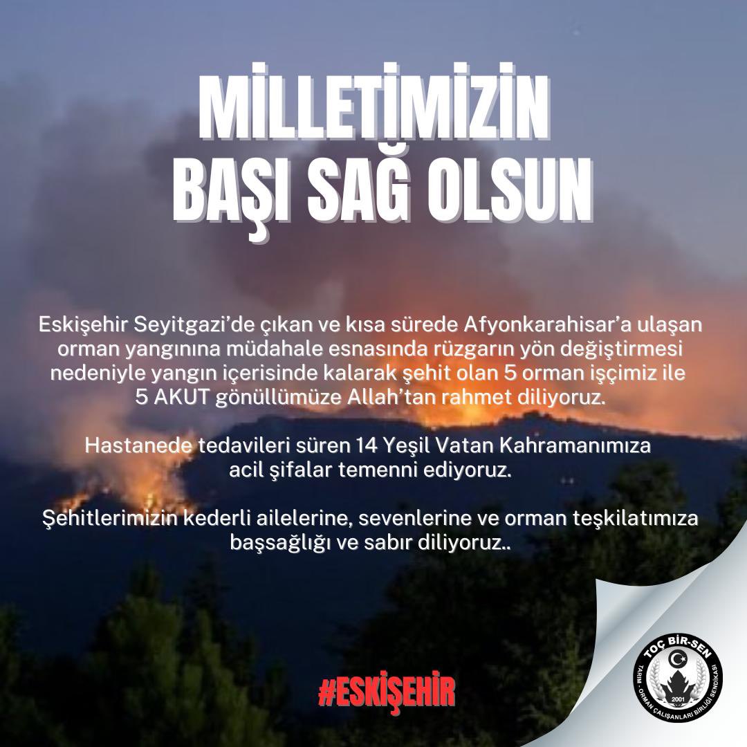 Milletimizin Başı Sağ Olsun

Eskişehir Seyitgazi’de çıkan ve kısa sürede Afyonkarahisar’a ulaşan orman yangınına müdahale esnasında rüzgarın yön değiştirmesi nedeniyle yangın içerisinde kalarak şehit olan 5 orman işçimiz ile 5 AKUT gönüllümüze Allah’tan rahmet diliyoruz.