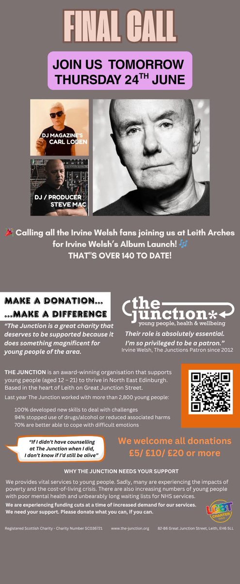 Sir SoulSubbo💙 (@soulundergrnd) on Twitter photo Heading to Leith Arches tomorrow for the Men in Love after-party with <a href="/IrvineWelsh/">Irvine Welsh</a> <a href="/CarlLoben/">Carl Loben</a>
Bring a bit of change 🙌🏻
A great charity he supports will be collecting. If you’ve got a few quid to spare, it’ll help.
Still a few tickets left — don’t miss out.
#Edinburgh
#Leith Heading to Leith Arches tomorrow for the Men in Love after-party with <a href="/IrvineWelsh/">Irvine Welsh</a> <a href="/CarlLoben/">Carl Loben</a>
Bring a bit of change 🙌🏻
A great charity he supports will be collecting. If you’ve got a few quid to spare, it’ll help.
Still a few tickets left — don’t miss out.
#Edinburgh
#Leith