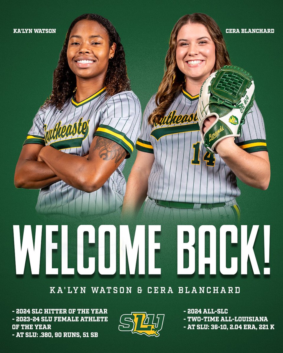 LionUpSoftball's tweet image. Lion Nation, welcome Cera Blanchard (P, Metairie, La.) and Ka'Lyn Watson (OF, Missouri City, Texas) BACK to Hammond, America!
#LionUp