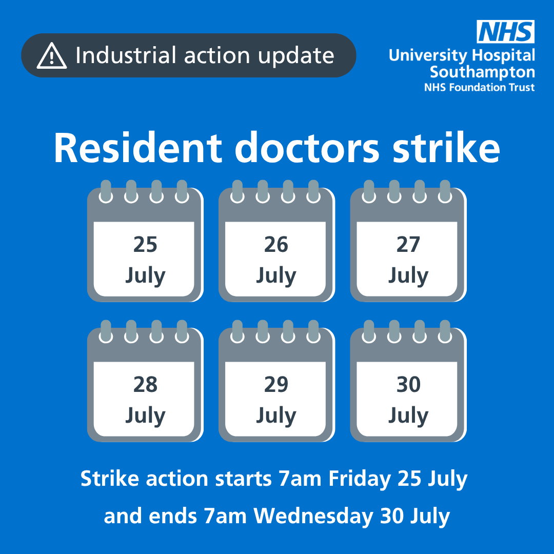 UHSFT's tweet image. โ ๏ธ The BMA has announced that resident doctors will take strike action from 7am on Friday 25 July 2025 and ending at 7am on Wednesday 30 July 2025.
You will be contacted if your appointment needs to be changed. Otherwise, please attend your appointment as planned.