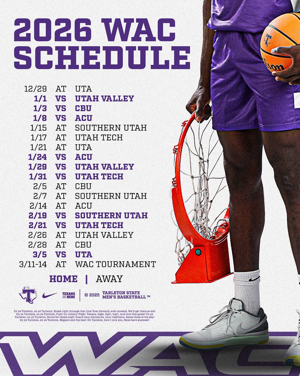 TarletonMBB's tweet image. Tarleton State Men's Basketball Releases 2026 WAC Slate
Read More - tinyurl.com/ykwmzekc