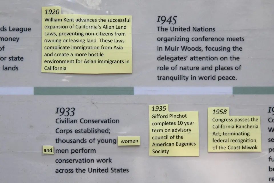 JaredWalczak's tweet image. Apparently the Trump administration is, to great controversy, eliminating the "sticky notes" park officials added to this Muir Woods sign in 2021 adding context like "Gifford Pinchot was racist" to a timeline about Muir Woods. Those who worked on the revised signs are protesting…
