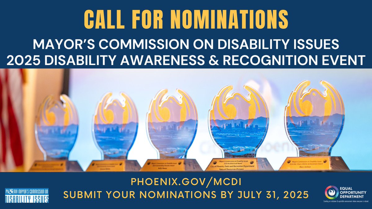 MayorGallego's tweet image. ICYMI:  Disability Awards and Recognition Event (DARE) Award nominations are open!

Let’s recognize the individuals, businesses, and nonprofits that make Phoenix more accessible and better for all.

Submit your nomination by July 31 here: bit.ly/4nzKrhu