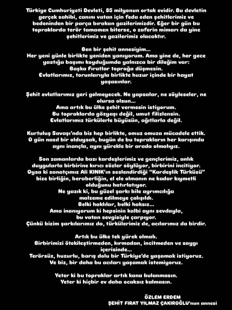 Şehidimiz Fırat Yılmaz Çakıroğlu'nun kıymetli annesi Özlem Çakıroğlu annemizin kamuoyuna açıklaması