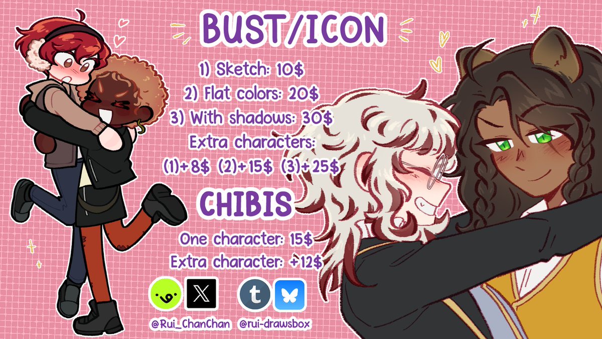 Rui_ChanChan's tweet image. 🎉C0MMISIONS OPEN🎉(VGen, Artistree & DMs)
Many thanks for the wait! From now there's 10 colored slots, 10 chibi slots and 5 sketch slots!
Don't forget to read the ToS below and that sharing is much appreciated ヾ(≧∇≦)ゞ!!