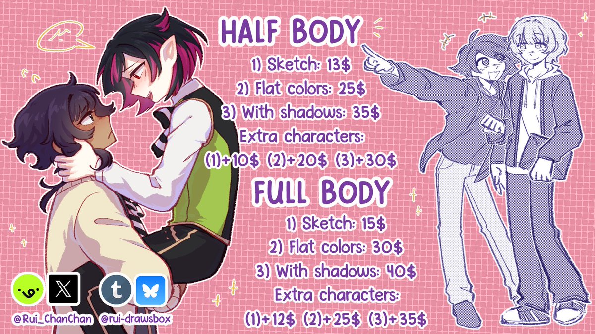 Rui_ChanChan's tweet image. 🎉C0MMISIONS OPEN🎉(VGen, Artistree & DMs)
Many thanks for the wait! From now there's 10 colored slots, 10 chibi slots and 5 sketch slots!
Don't forget to read the ToS below and that sharing is much appreciated ヾ(≧∇≦)ゞ!!