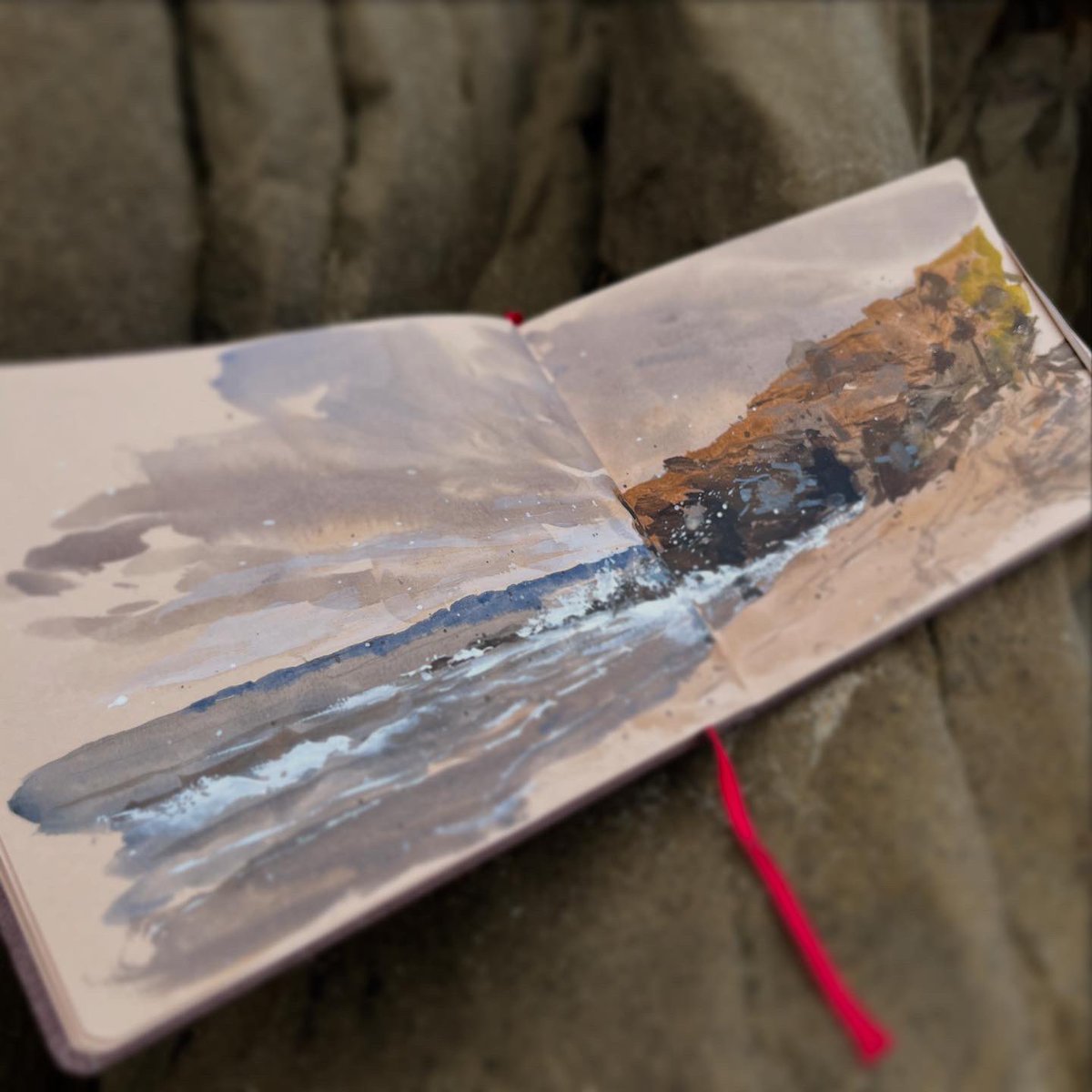 Jared_Cullum's tweet image. Shell Beach, San Diego - watercolor in toned sketchbook