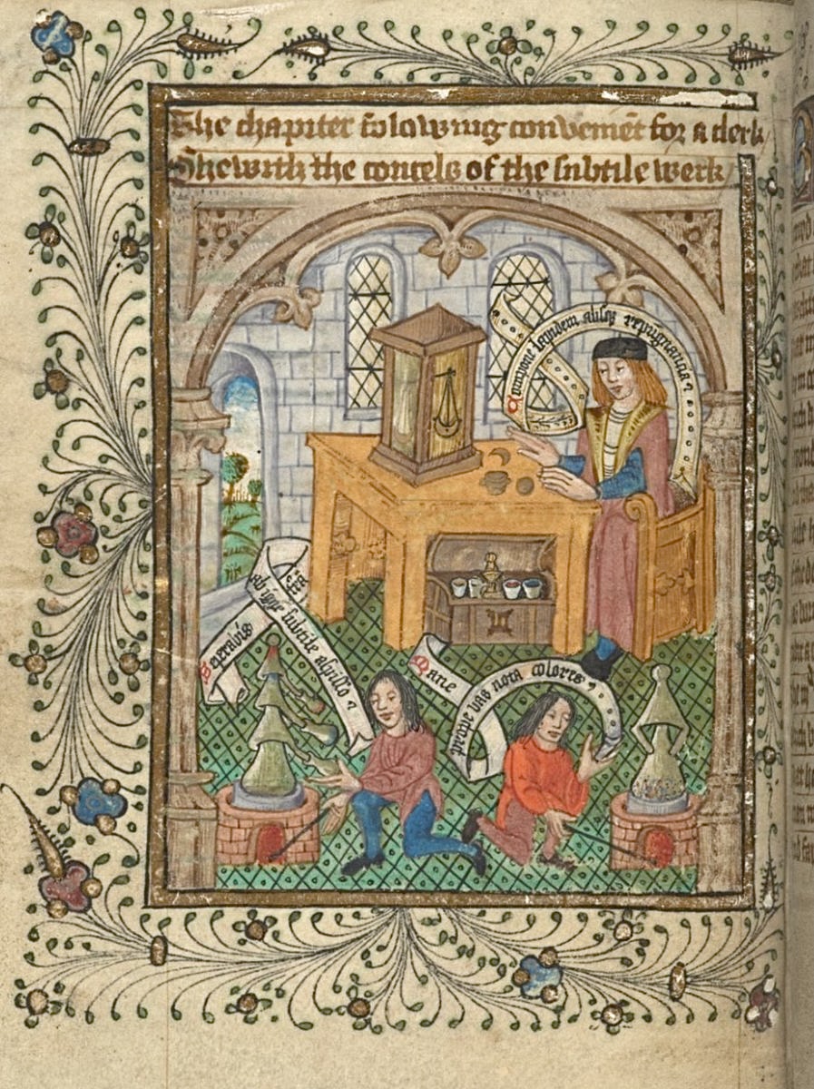 red_loeb's tweet image. In the alchemist's study: two men tending furnaces and a robed scholar, with vessels for re-distillations of a liquid and a balance enclosed by glass
BL Add MS 10302; Thomas Norton, Ordinal of Alchemy; 15th century; England; f.37v @BLMedieval