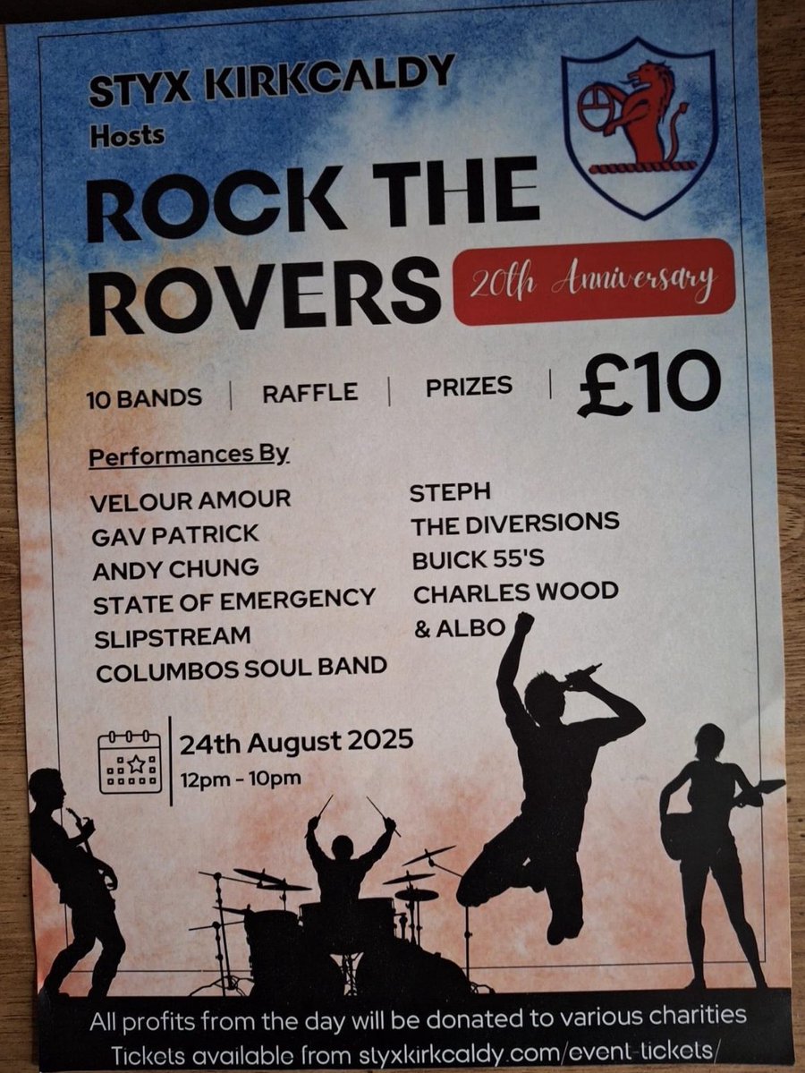Rock the Rovers happening on August 24!

Great wee Sunday out and fundraising for local charities. Rovers donation is going to the Former Players Association. 

Tickets can be bought from Quinny on Saturday, or online. 

styxkirkcaldy.com/tickets/?event…