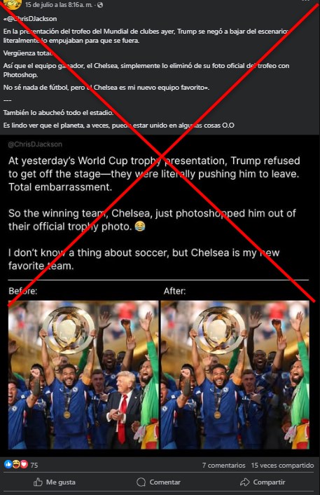 AfpFactual's tweet image. 🇺🇸 ¿El Chelsea eliminó a Donald Trump de su foto oficial de la victoria en el Mundial de Clubes?
❌ No. La instantánea en la que Trump fue borrado no fue publicada por el equipo británico, que sí difundió imágenes de la premiación con el mandatario.
➡️ u.afp.com/TrumpChelsea