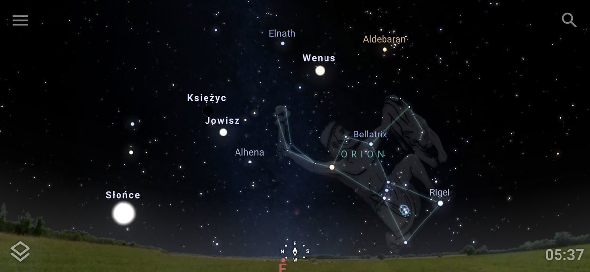 A tak było dzisiaj. :) Today early morning stars, planets, Sun and Moon configuration just at sunrise. Thin waning crescent Moon is just before New Moon, coming tomorrow evening. Jupiter planet is not visible to the naked eye due to sunlight. Look up, it’s worth it! 😊