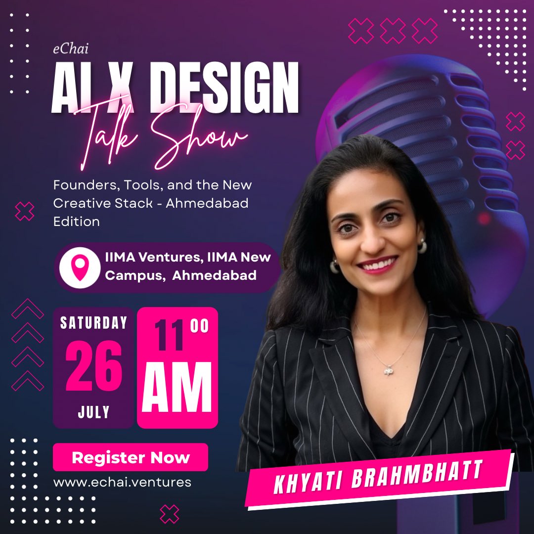 Khyati Brahmbhatt (@rj_khyati) on Twitter photo The real shift is in how AI plugs into design-build workflows—versioning, iteration speed, collaboration, guardrails. I’m speaking at the AI × Design Talk Show (July 26) in Ahmedabad, hosted by @eChai with <a href="/IIMAVentures/">IIMA Ventures</a>
Join us ↓
🔗 echai.ventures The real shift is in how AI plugs into design-build workflows—versioning, iteration speed, collaboration, guardrails. I’m speaking at the AI × Design Talk Show (July 26) in Ahmedabad, hosted by @eChai with <a href="/IIMAVentures/">IIMA Ventures</a>
Join us ↓
🔗 echai.ventures