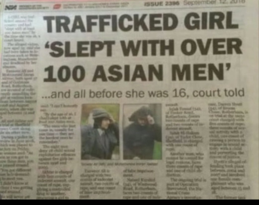 You mean trafficked girl RAPED by 100 Asian men. 

Definitely written by a male.