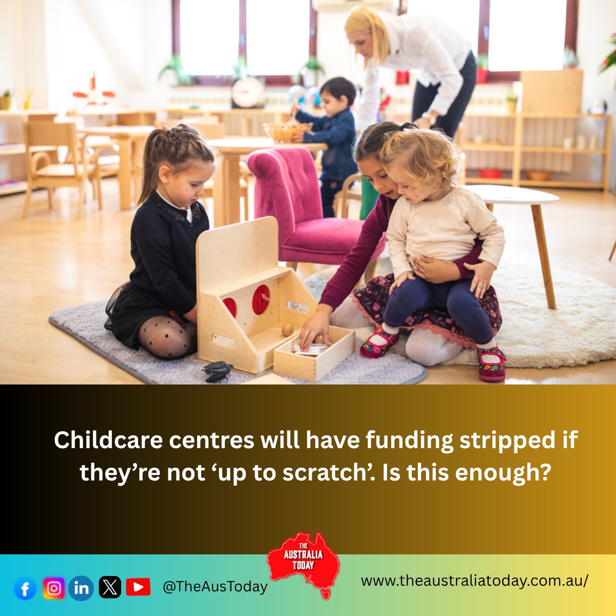 The Australia Today (@theaustoday) on Twitter photo Childcare centres will have funding stripped if they’re not ‘up to scratch’. Is this enough?
writes Erin Harper
Read here: theaustraliatoday.com.au/childcare-cent…
<a href="/DrAmitSarwal/">Dr Amit Sarwal 🇮🇳 🇦🇺</a> <a href="/ShailendraBSing/">Dr Shailendra B Singh</a> <a href="/JitarthJai/">jitarth jai bharadwaj vs जितार्थ जय भारद्वाज</a> <a href="/Pallavi_Aus/">Pallavi Jain</a> <a href="/Sydney_Uni/">University of Sydney</a> <a href="/ConversationEDU/">The Conversation - Australia + New Zealand</a> @theconversation #childcare #childcarejobs Childcare centres will have funding stripped if they’re not ‘up to scratch’. Is this enough?
writes Erin Harper
Read here: theaustraliatoday.com.au/childcare-cent…
<a href="/DrAmitSarwal/">Dr Amit Sarwal 🇮🇳 🇦🇺</a> <a href="/ShailendraBSing/">Dr Shailendra B Singh</a> <a href="/JitarthJai/">jitarth jai bharadwaj vs जितार्थ जय भारद्वाज</a> <a href="/Pallavi_Aus/">Pallavi Jain</a> <a href="/Sydney_Uni/">University of Sydney</a> <a href="/ConversationEDU/">The Conversation - Australia + New Zealand</a> @theconversation #childcare #childcarejobs