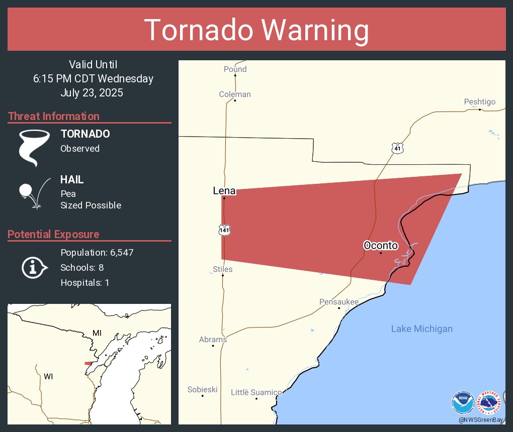 NWStornado's tweet image. Tornado Warning continues for Oconto WI and Lena WI until 6:15 PM CDT