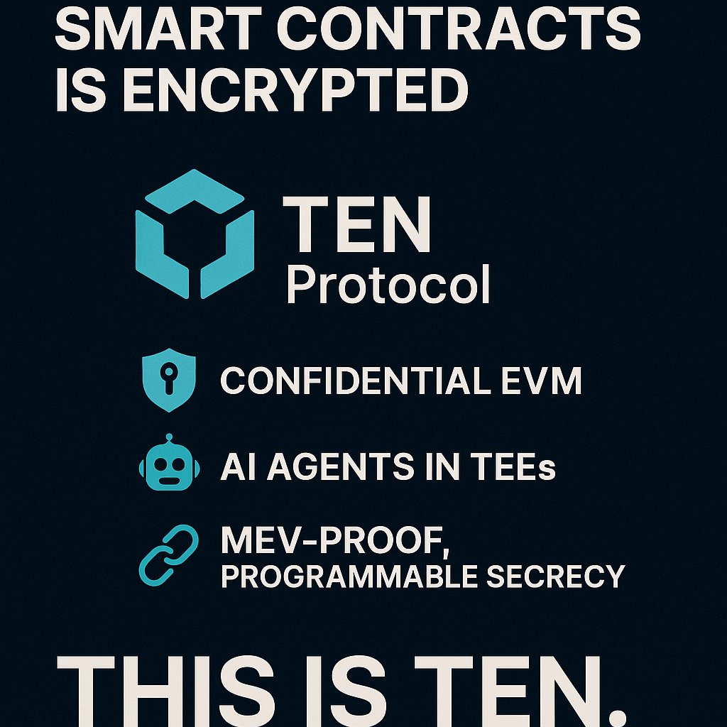 AminuAuwalggw's tweet image. 🔥 The future of smart contracts isn’t public—it’s encrypted.
Welcome to @Ten_XYZ — where privacy, AI, and rollups collide.

🛡️ Confidential EVM
🤖 AI agents in TEEs
⛓️ MEV-proof, programmable secrecy

This isn’t L2.
This is TEN.

#EncryptedEthereum #TENProtocol #AIonchain…
