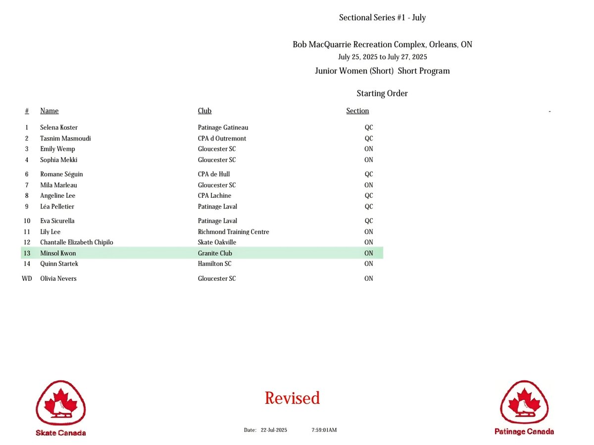 캐나다 지역대회 주니어 여싱 
쇼트 스타팅 오더 
민솔 3그룹 4번 일요일 오전 1:40 경기 시작
라이브 있어요  링크는 토요일 올리겠습니다