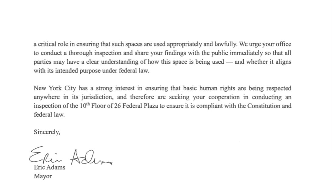 Kelly Mena (@kellymena) on Twitter photo NEW: <a href="/NYCMayor/">Mayor Eric Adams</a> has sent a letter to Trump Admin asking for an immediate inspection of 26 Federal Plaza. NEW: <a href="/NYCMayor/">Mayor Eric Adams</a> has sent a letter to Trump Admin asking for an immediate inspection of 26 Federal Plaza.