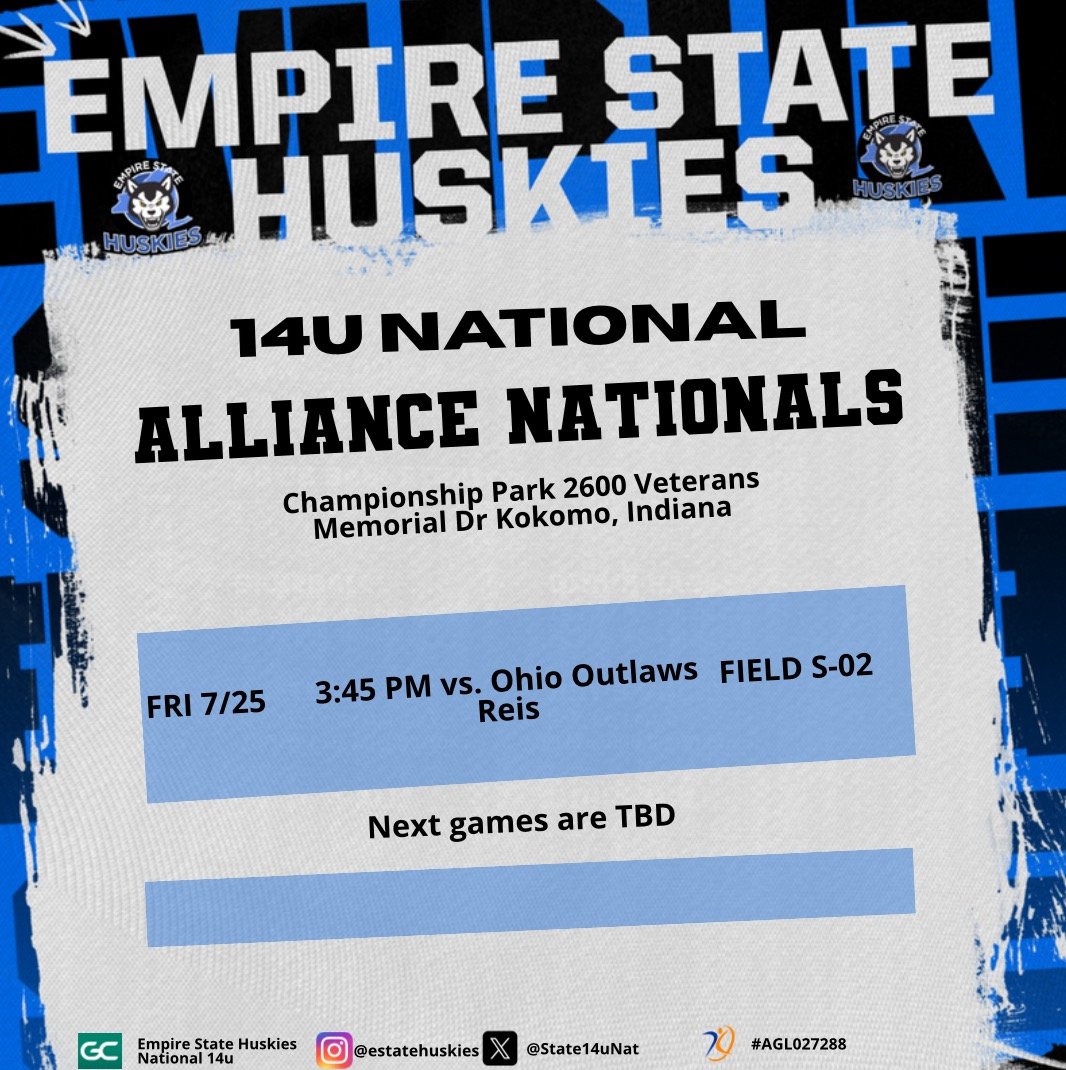 Empire State Huskies 14U National (@state14unat) on Twitter photo Coaches, we will be at Championship Park at 3:45pm Field S-02 on Friday against Ohio Outlaws Reis. Winner plays again at 8:15pm Same field. Schedule ⬇️
See you there!
<a href="/EStateHuskies/">Empire State Huskies</a> <a href="/CoachJoeHuskies/">Joe Porcelli</a> <a href="/CoachPenny_OLY/">Penny Rosario Roberts</a> <a href="/Johnknopf10/">John Knopf</a> @Jwheat14 <a href="/HuskiesDelSalto/">Empire State Huskies - DelSalto</a> <a href="/3N2Sports/">3N2 Sports</a> #GDTBAH Coaches, we will be at Championship Park at 3:45pm Field S-02 on Friday against Ohio Outlaws Reis. Winner plays again at 8:15pm Same field. Schedule ⬇️
See you there!
<a href="/EStateHuskies/">Empire State Huskies</a> <a href="/CoachJoeHuskies/">Joe Porcelli</a> <a href="/CoachPenny_OLY/">Penny Rosario Roberts</a> <a href="/Johnknopf10/">John Knopf</a> @Jwheat14 <a href="/HuskiesDelSalto/">Empire State Huskies - DelSalto</a> <a href="/3N2Sports/">3N2 Sports</a> #GDTBAH