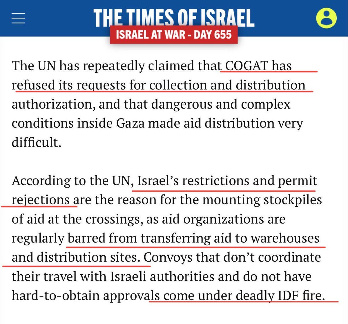 🚨Israel is preventing the UN from collecting aid then complaining "why aren't they collecting the aid?"

"[Israel] has refused [UN] requests for collection &amp; distribution [of aid]"

Israel regularly bars aid orgs "from transferring aid to warehouses &amp; distribution sites"