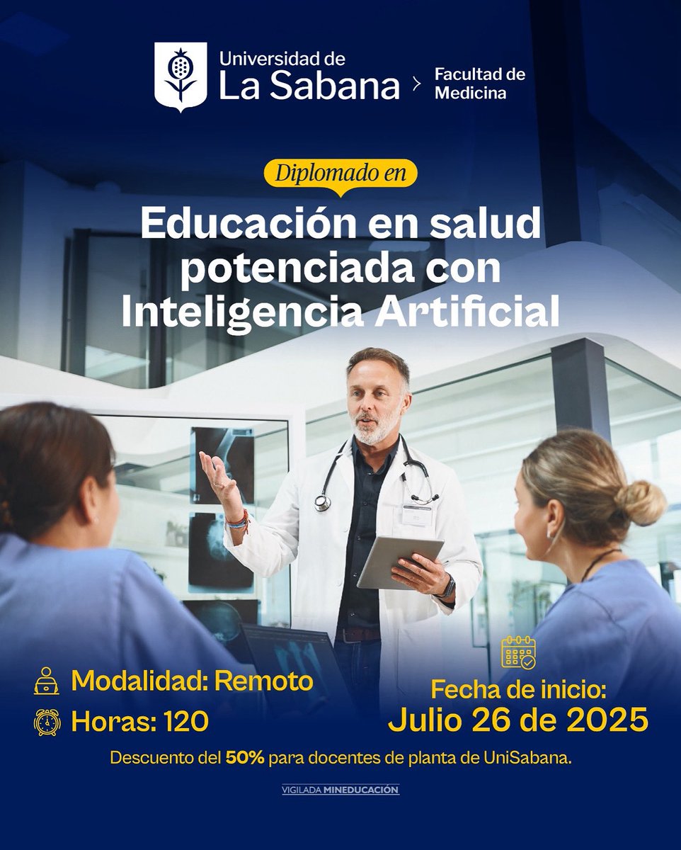 🧠💻 ¡Lleva la educación en salud al siguiente nivel con IA!
Inscríbete al Diplomado en Educación en Salud potenciada con Inteligencia Artificial.
👨‍⚕️ Inicia el 26 de julio | Modalidad virtual
📥 bit.ly/IAenSaludUniSa…
