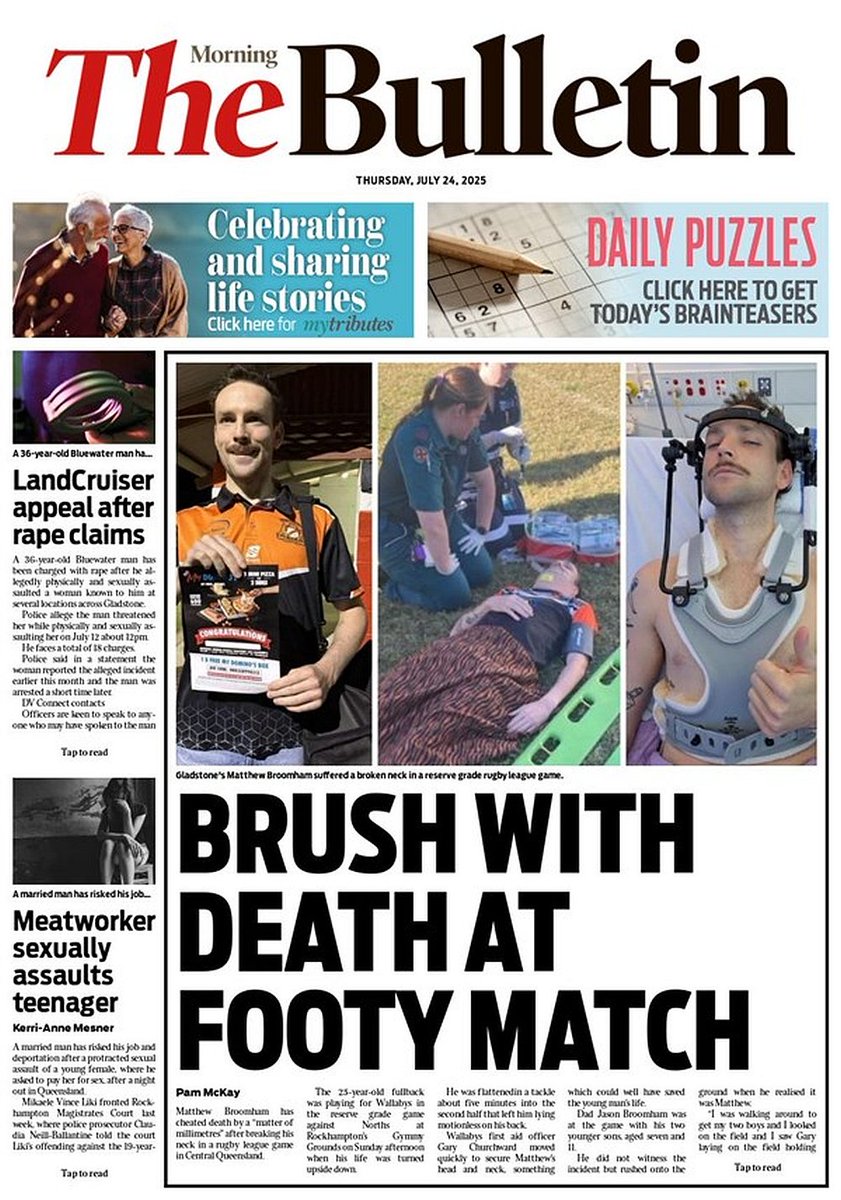 ukpapers's tweet image. π¦πΊ Brush With Death At Footy Match
β«Matthew Broomham suffered a life-altering injury in a reserve grade rugby league game in Central Qld that nearly killed him
β«Pam McKay
#frontpagestoday #Australia @westaustralian