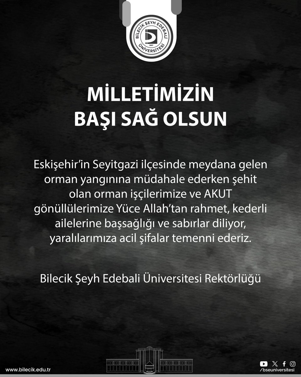 Milletimizin Başı Sağolsun

Eskişehir’in Seyitgazi ilçesinde meydana gelen orman yangınına müdahale ederken şehit olan orman işçilerimize ve AKUT gönüllülerimize Yüce Allah’tan rahmet, kederli ailelerine başsağlığı ve sabırlar diliyor, yaralılarımıza acil şifalar temenni ederiz.