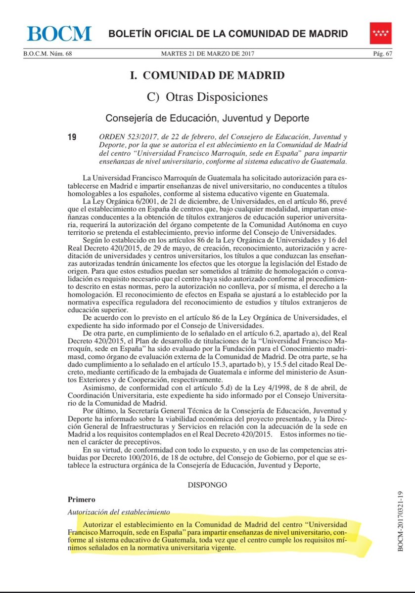 💬 Algún día estallará el burbujón de 'universidades' privadas en Madrid. Y nos llevaremos las manos a la cabeza con el entramado de intereses, dineros y fraude académico.

'... enseñanzas de nivel universitario conforme al sistema educativo de Guatemala' 🤔
