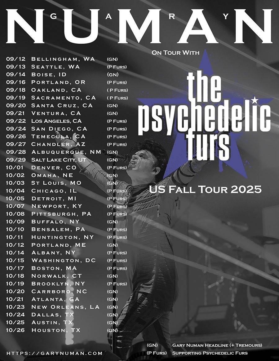 numanofficial's tweet image. Happy to say we’ve added another Numan headline show to the US tour with The Psychedelic Furs. The new show is in Boise, ID on Sep 14th at the Treefort Music Hall. Tix available on Friday 9am PST. Tix links for Boise (& all other Numan shows) here: garynuman.com/tours