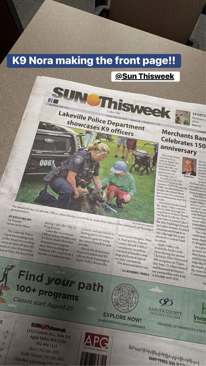 K9 Handler Werden and K9 Nora making the front page of <a href="/SunThisweek/">Sun Thisweek and the Dakota County Tribune</a> !! 🐾

Great article on the K9 demo!