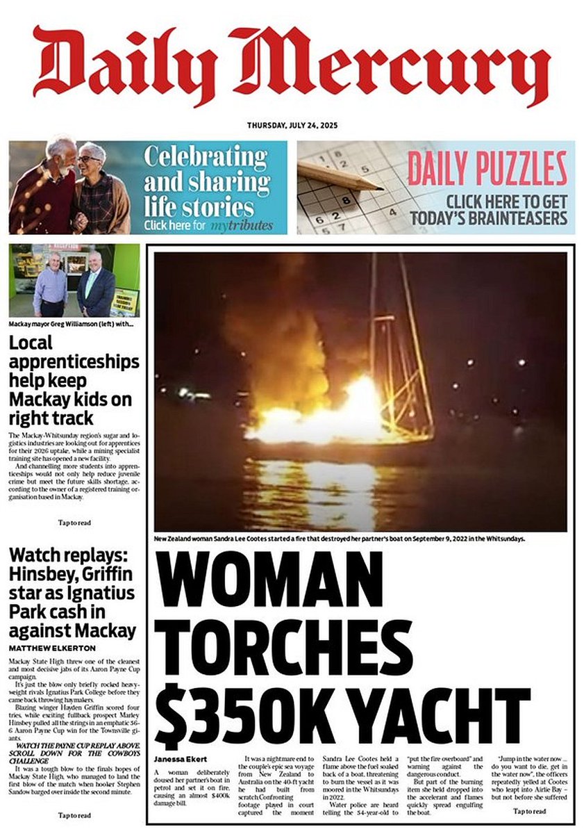 ukpapers's tweet image. π¦πΊ Woman Torches $350k Yacht
β«Chilling details can be revealed about the moment a woman doused her partnerβs yacht in fuel and set it on fire before water police begged her to jump in the water
β«@JanessaEkert
#frontpagestoday #Australia #DailyMercury