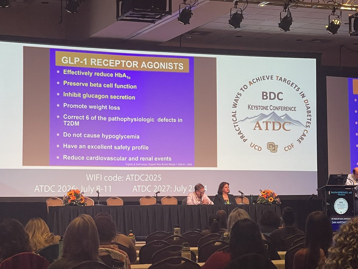 Drhkakturk's tweet image. Dr. DeFronzo summarized the benefits of GLP-1 analogs. #ATDC2025
Drs. Phillip and Sherr are chairing. GLP-1 and SGLT-2 are mainstay in diabetes management unless otherwise indicated.